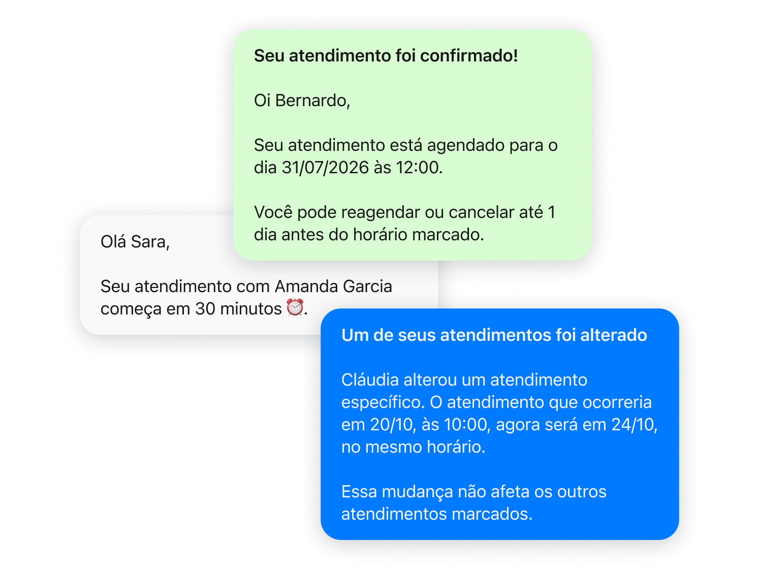 Notificações da Mia: atendimento confirmado, lembrete 30 minutos antes e aviso de horário alterado